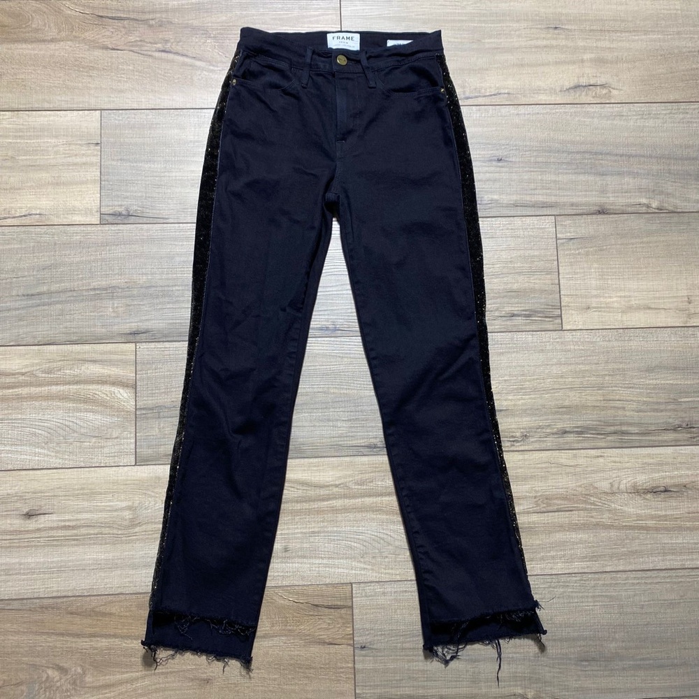 Frame Denim Womens Le High‎ Straight Tuxedo Velvet Stripe Jeans Size 25 Black